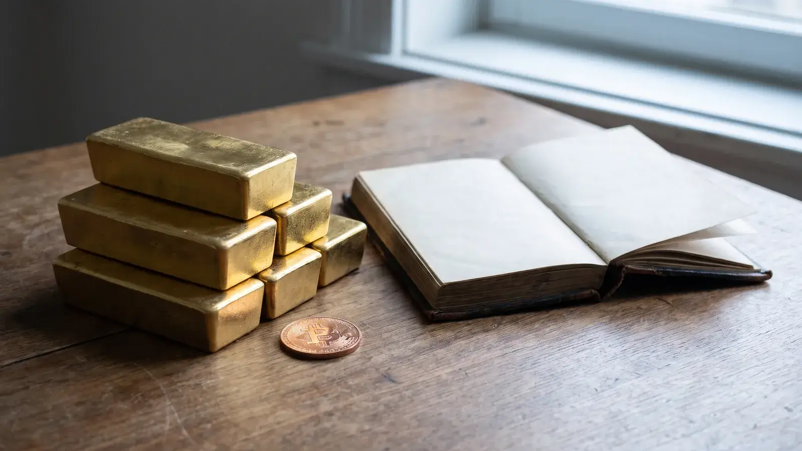 Lingots d'or, Bitcoin et un livre ouvert sur une table en bois près d'une fenêtre.
